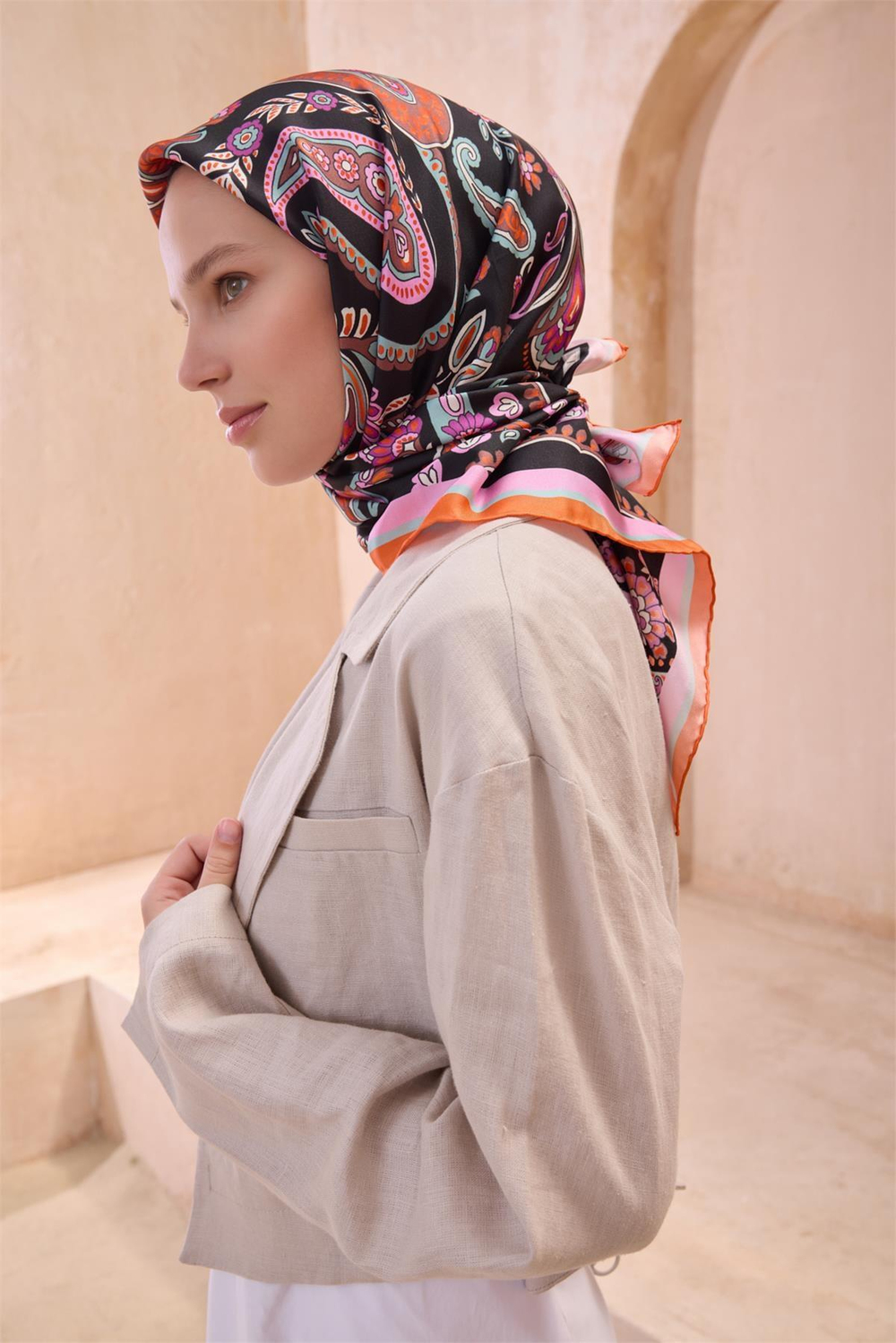 Belli İpek Eşarp - 4111-38 Siyah Pudra Twill