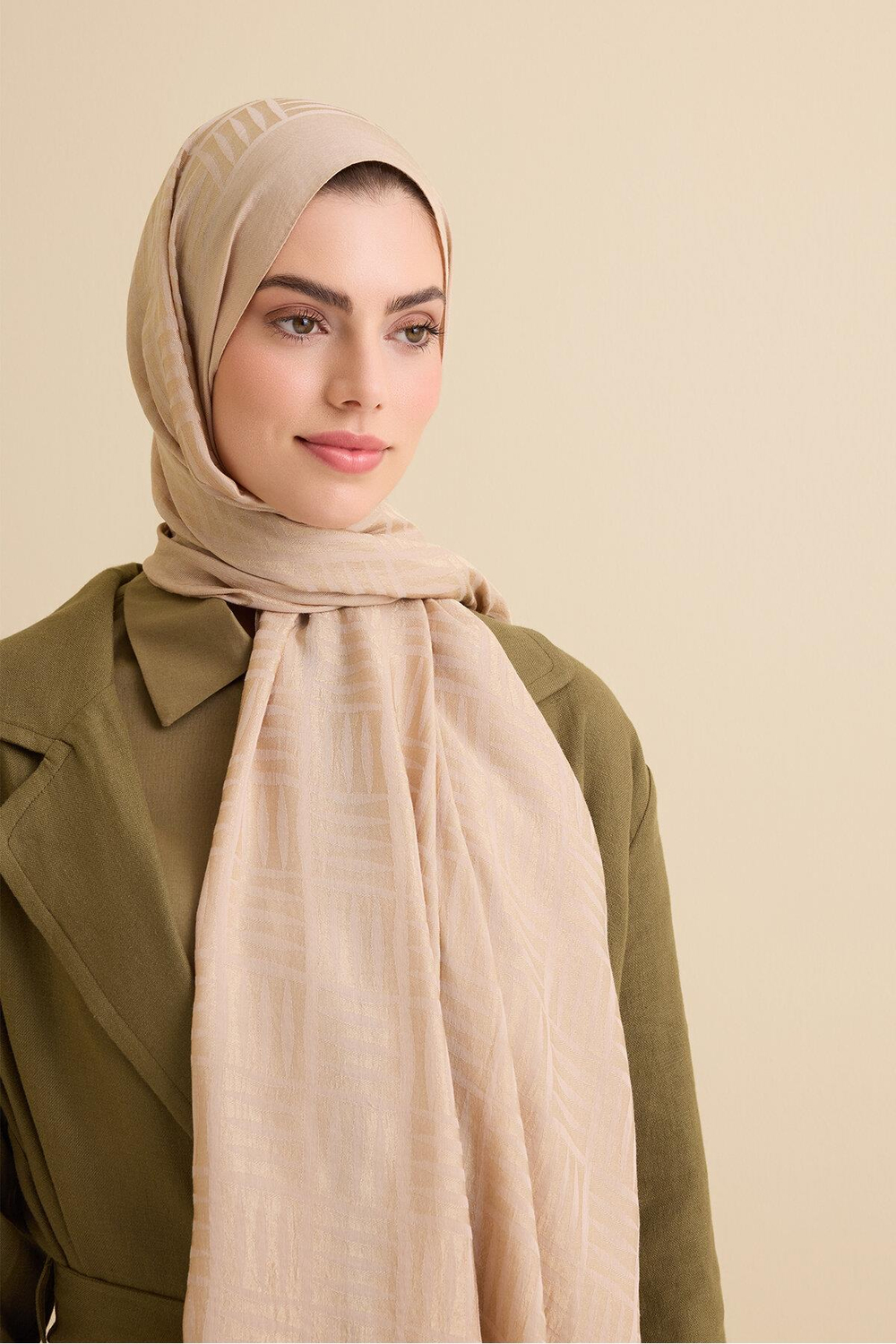 Imannoor Naia Şal - Iman Kare Desenli - Antik Bej