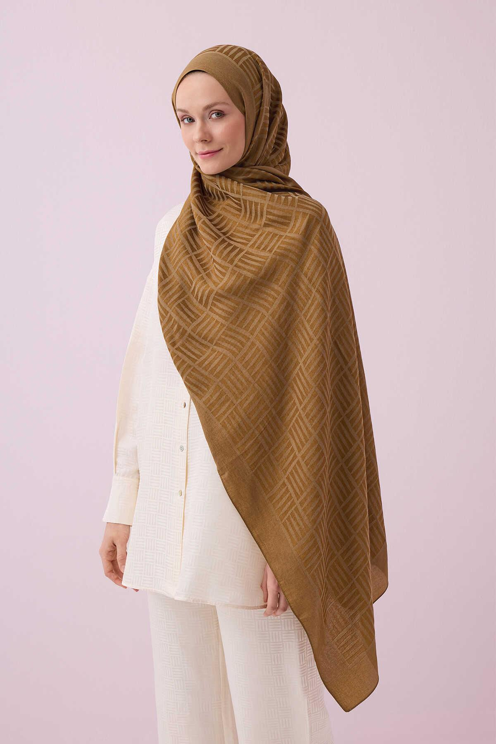 Imannoor Naia Şal - Iman Kare Desenli - Haki