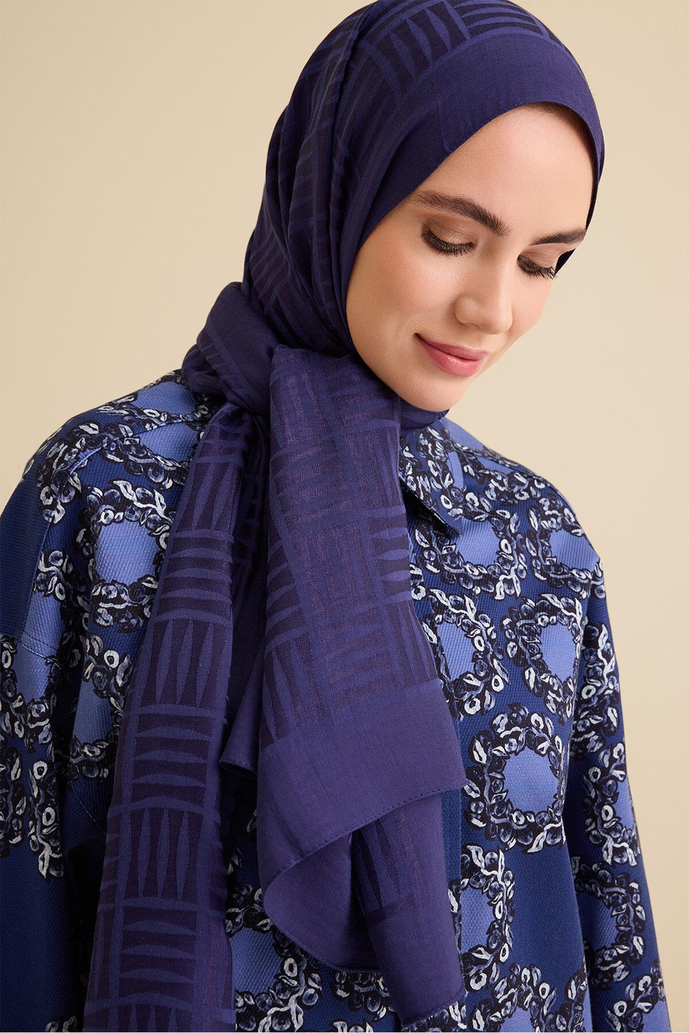 Imannoor Naia Şal - Iman Kare Desenli - Lacivert