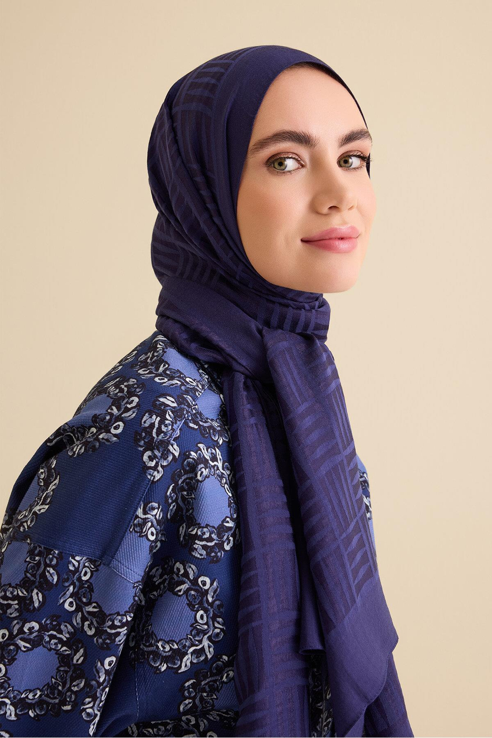 Imannoor Naia Şal - Iman Kare Desenli - Lacivert