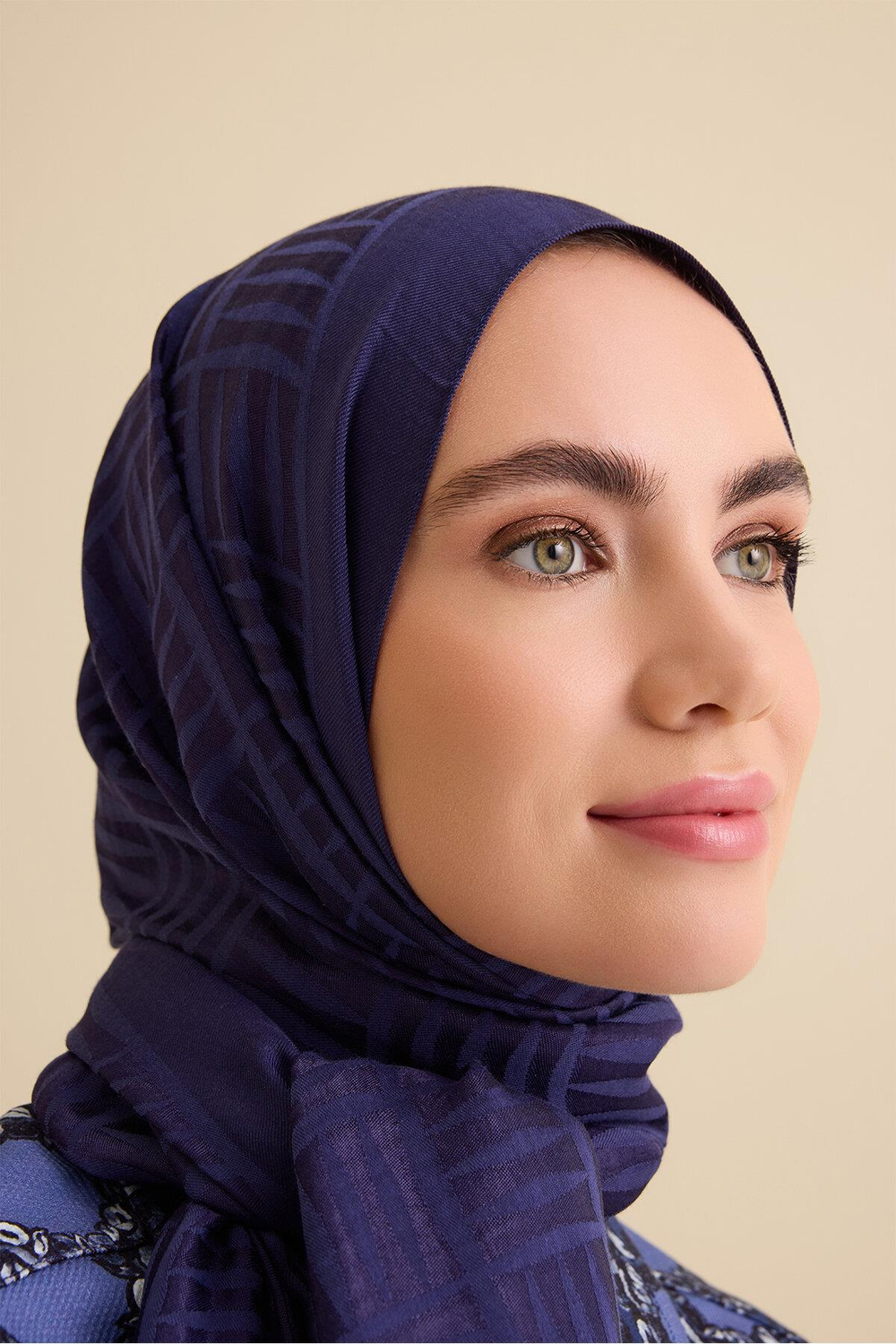 Imannoor Naia Şal - Iman Kare Desenli - Lacivert