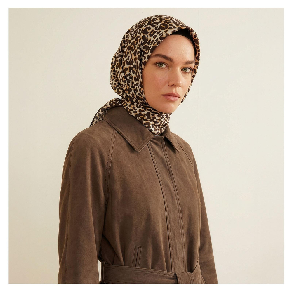 İpekevi Twill İpek Eşarp - Leopar Desenli - Kahve