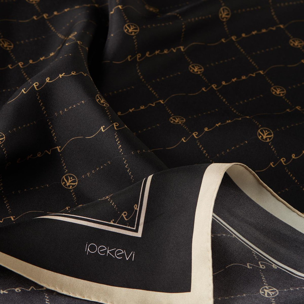 İpekevi Twill İpek Eşarp - Monogram - Siyah Gold