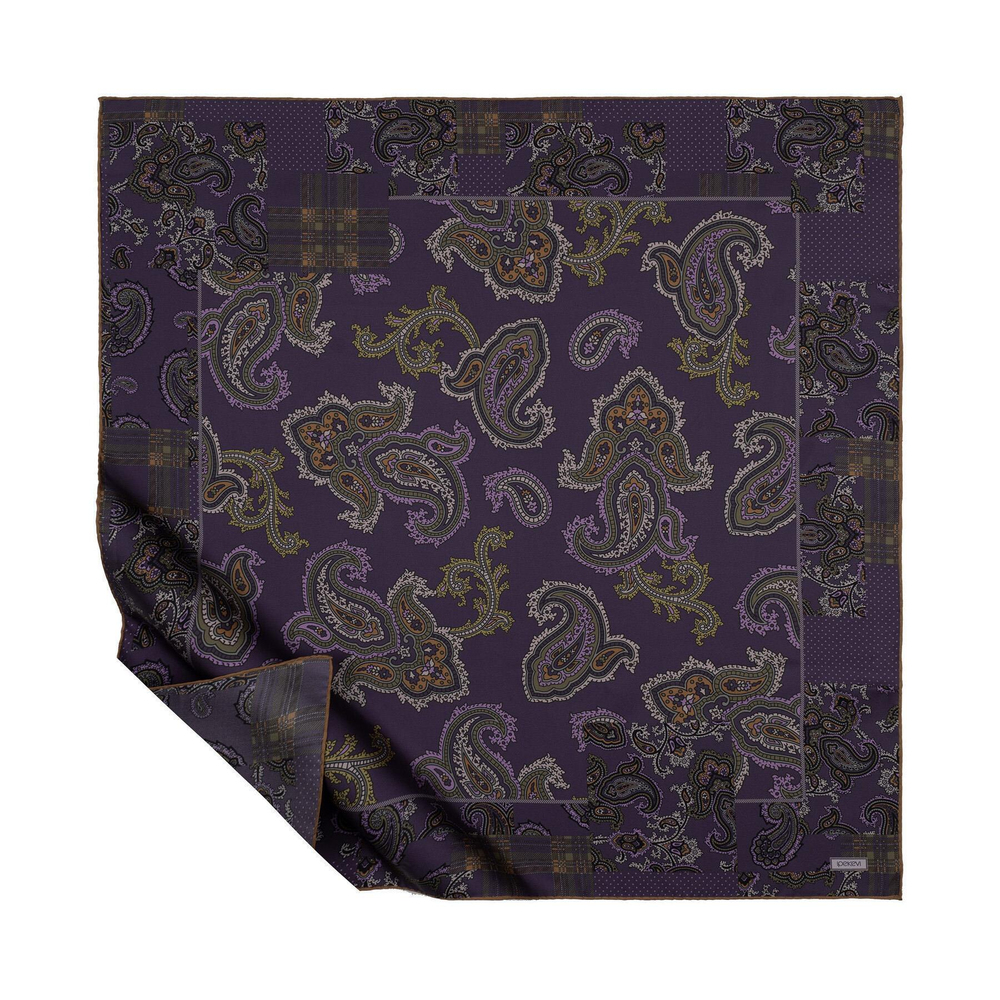 İpekevi Twill İpek Eşarp - Patchwork Desenli - Koyu Mor