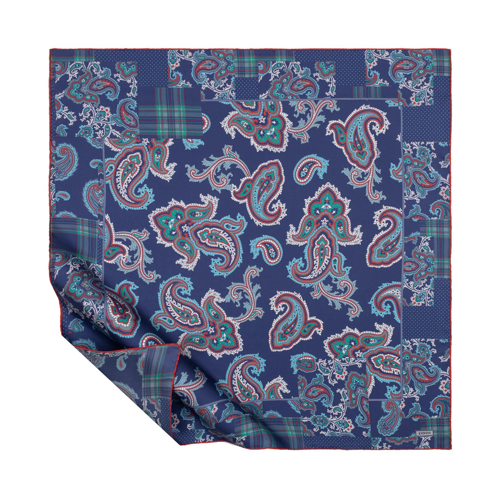 İpekevi Twill İpek Eşarp - Patchwork Desenli - Lacivert Kırmızı