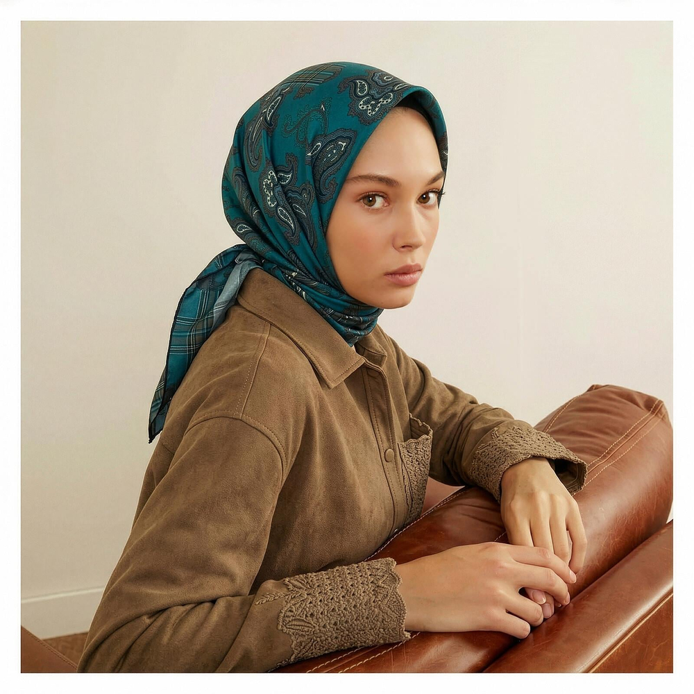 İpekevi Twill İpek Eşarp - Patchwork Desenli - Orman Yeşili