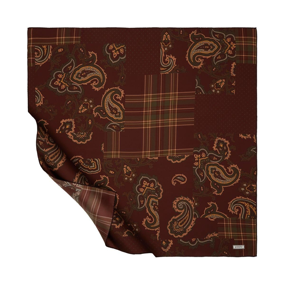 İpekevi Twill İpek Eşarp - Patchwork Desenli - Koyu Bordo