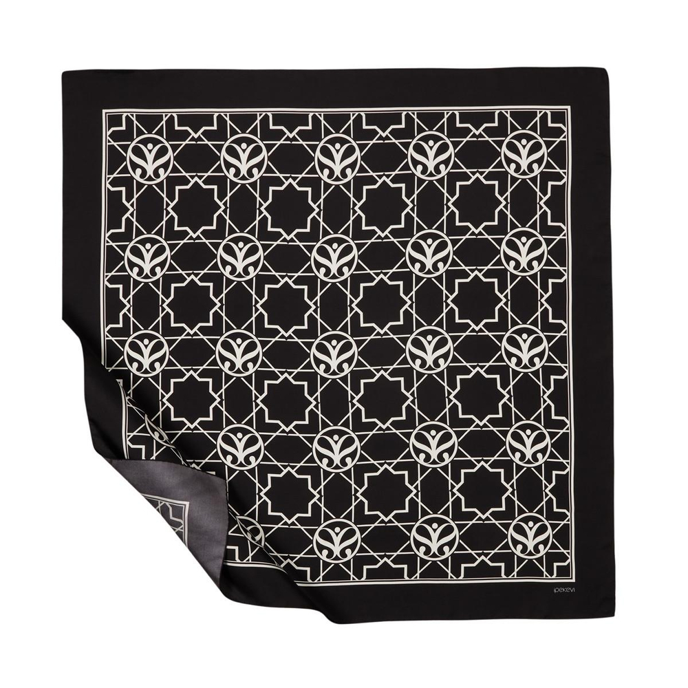 İpekevi Twill İpek Eşarp - Seljuk Monogram - Siyah Beyaz