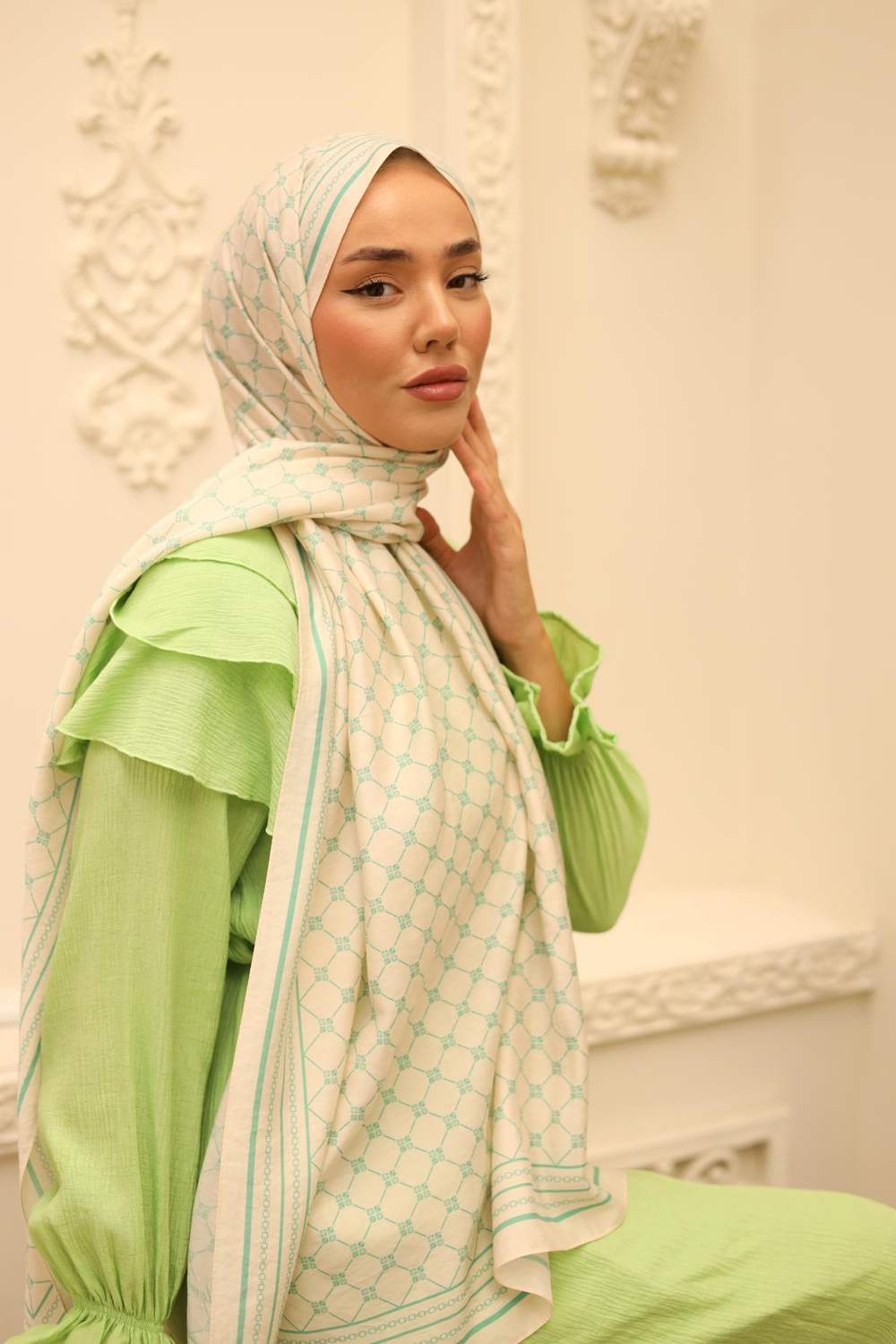 Silk Home Olinda Şal - 49005 - 12 Krem Biskay Yeşili