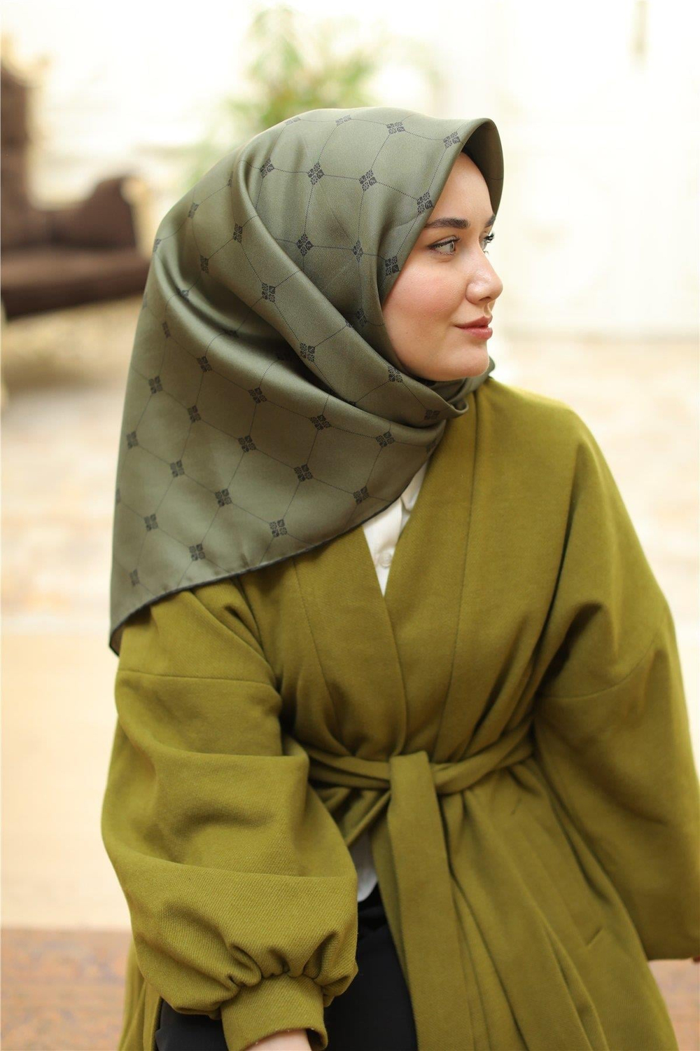 Silk Home Twill İpek Eşarp - 11392-27 Haki Yeşil