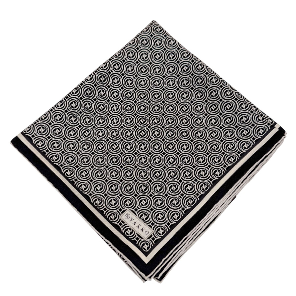 Vakko Twill İpek Eşarp - Helezon Monogram - Siyah Krem