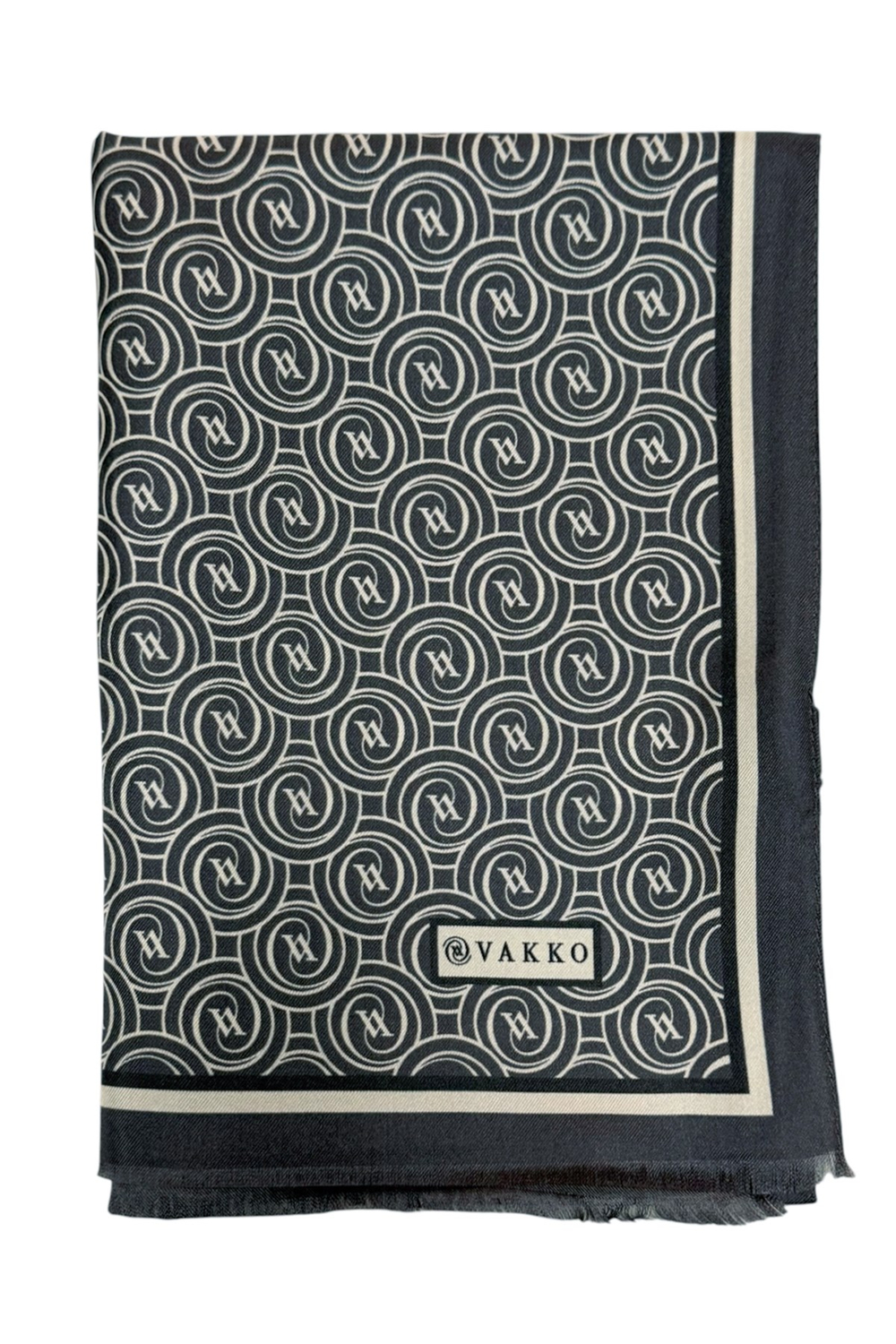 Vakko Twill İpek Şal - Helezon Monogram - Gri Krem