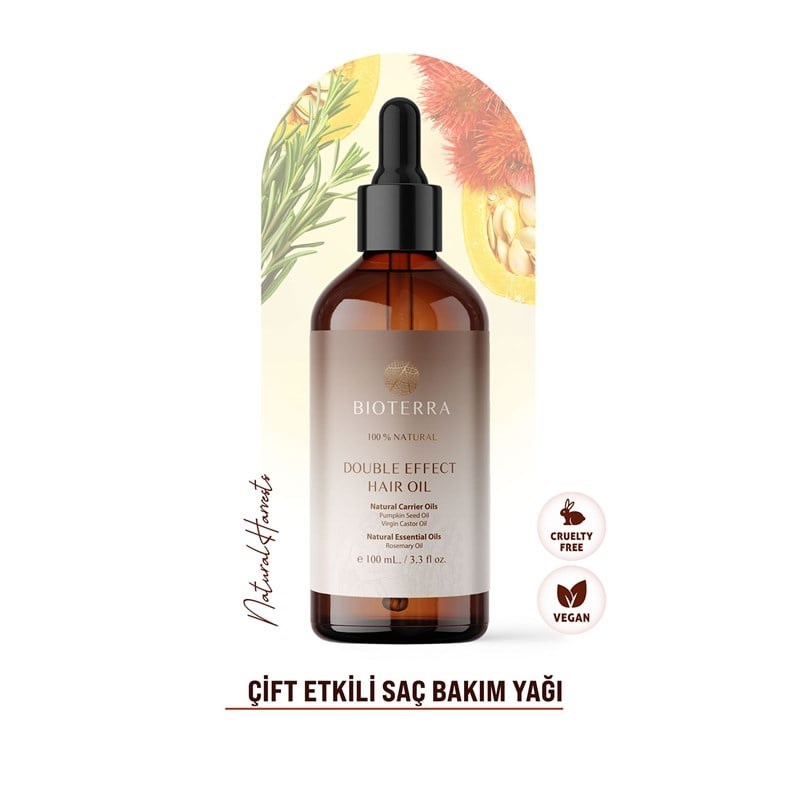 Bioterra Double Effect Biberiye, Hint ve Kabak Çekirdeği Yağı Saç ve Saç Derisi Bakım Yağı 100 ml