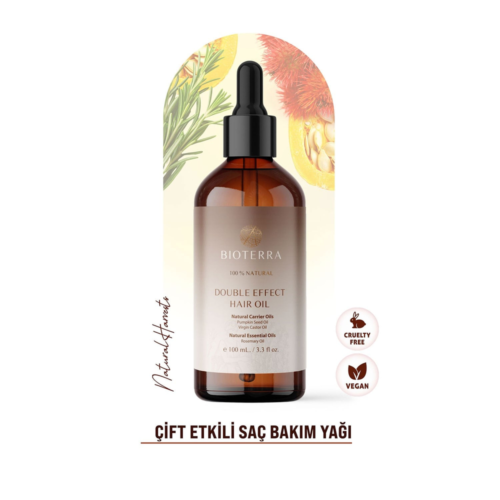 Bioterra Biberiye, Hint ve Kabak Çekirdeği Yağlı Çift Etkili Saç Bakım Yağı 100 ml – Dökülme Karşıtı Etki Double Effect Hair Oil