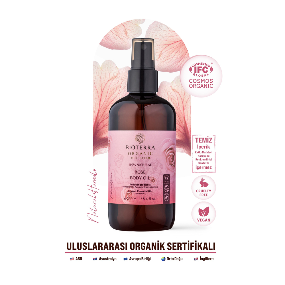 Bioterra Organik Gül Vücut Yağı 250 ml – Çok Amaçlı Işıltılı Nemlendirici Doğal Cilt Bakım Yağı