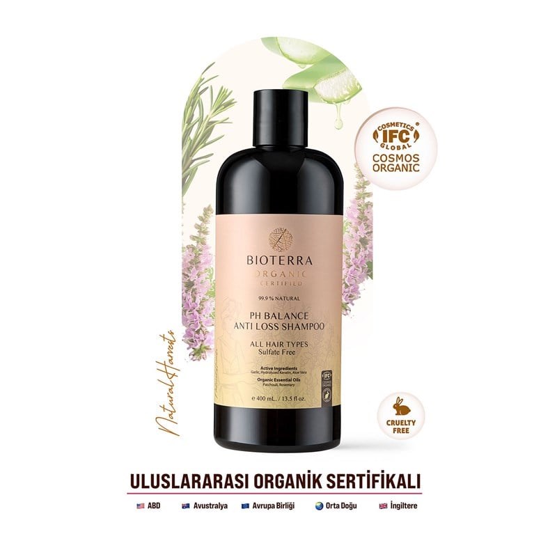 Bioterra Organik pH Balance Dökülme Karşıtı Şampuan – Sarımsak, Keratin ve Aloe Vera İçeren Sülfatsız Bakım 400 ml | pH Balance Anti Loss Shampoo