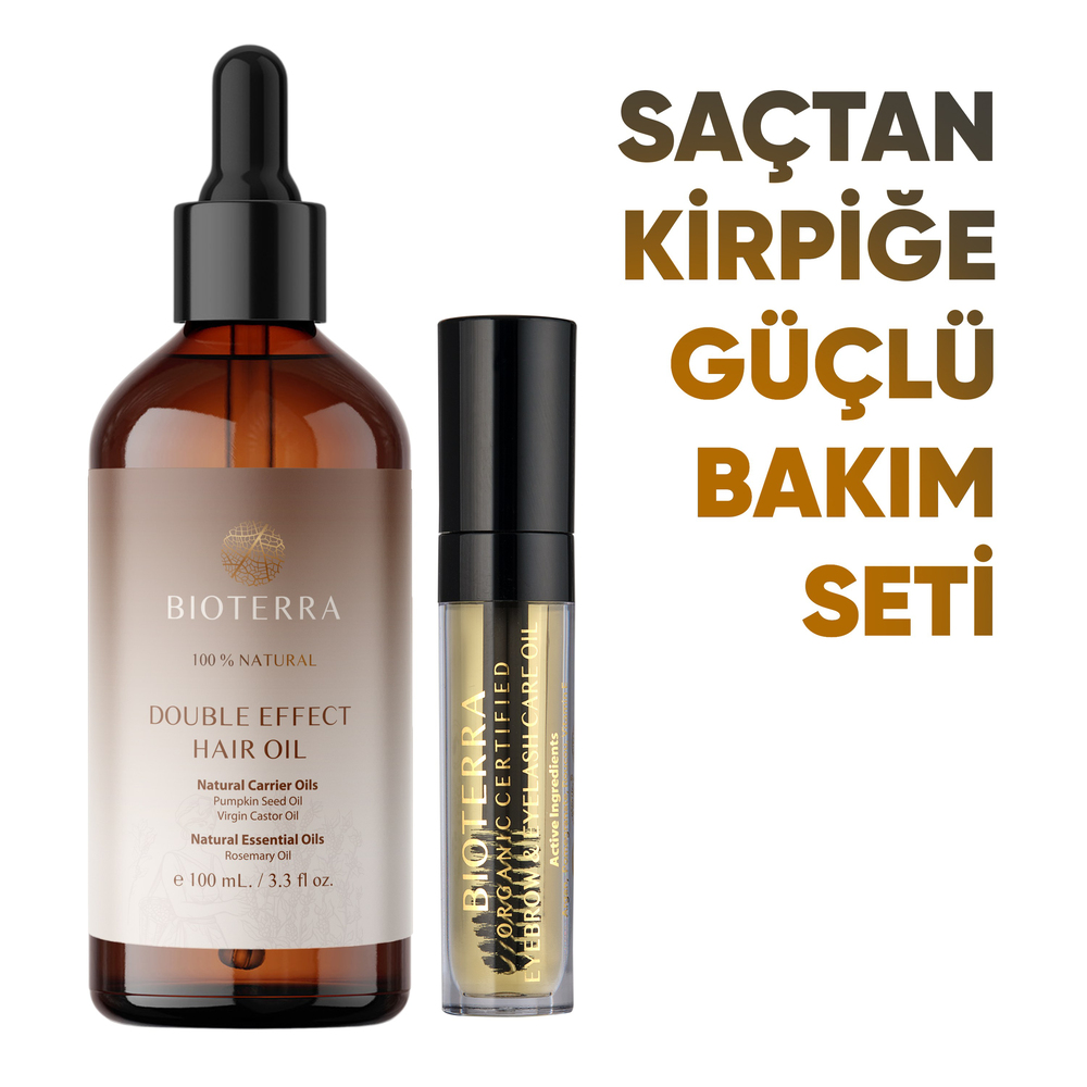 Bioterra Saç, Kaş & Kirpik Güçlü Bakım Seti – Double Effect + Organik Kaş Kirpik Bakım Yağı