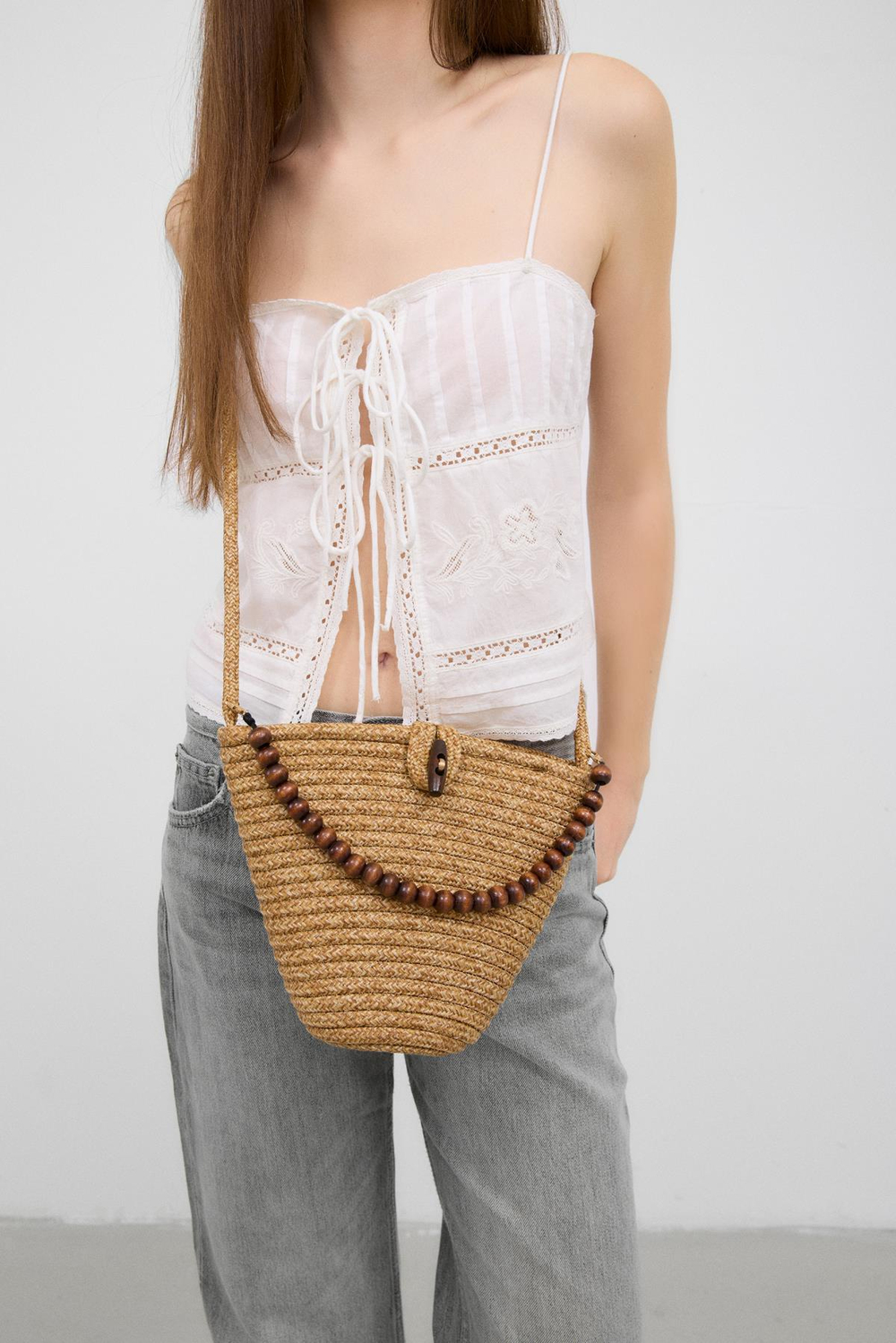 Piccolo Handmade Boncuk Detaylı Hasır Çanta Vizon