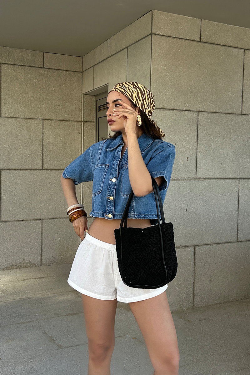 Palma Handmade Midi Hasır Omuz Çantası Siyah