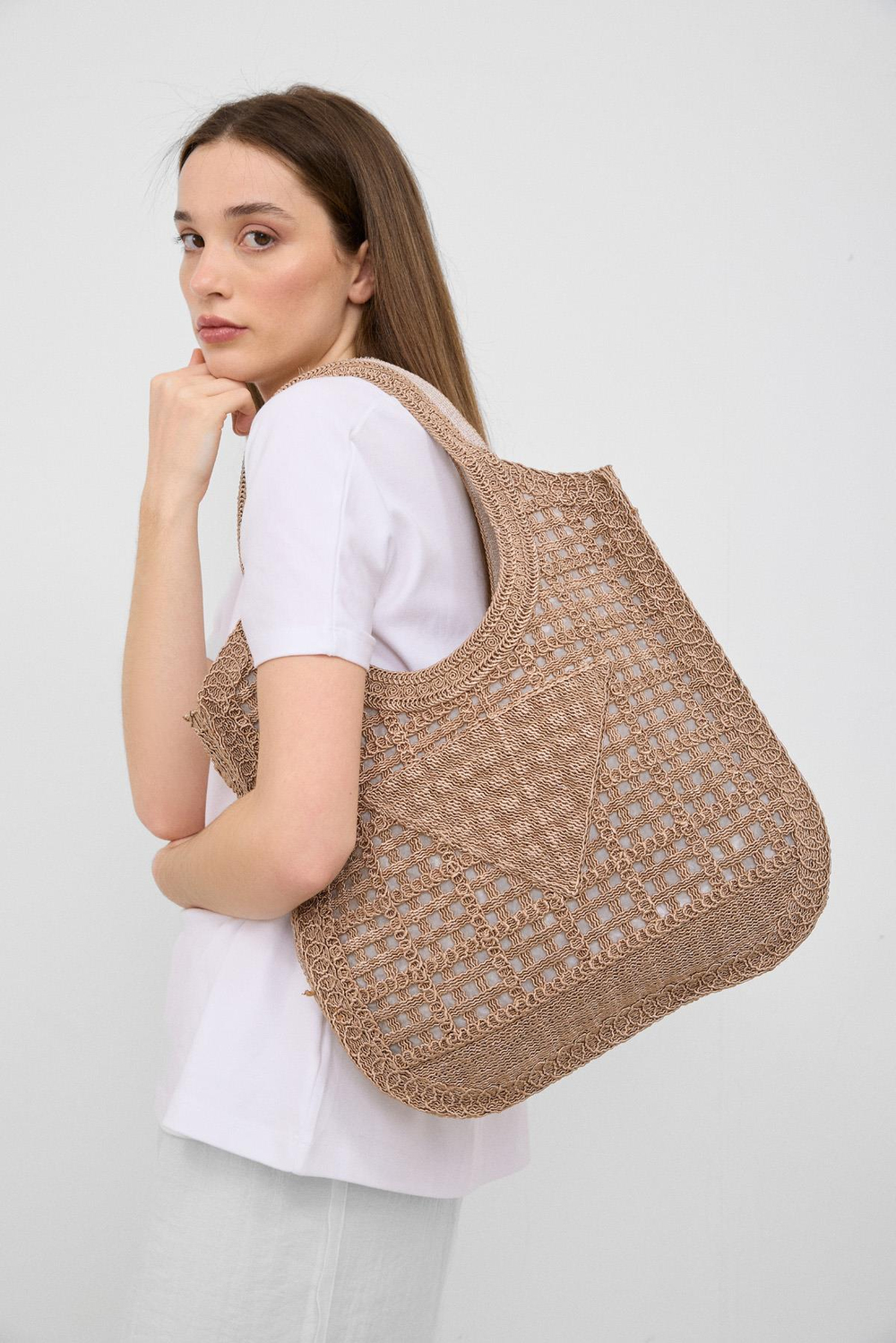 Vicolo Handmade Makrome Tote Çanta Vizon
