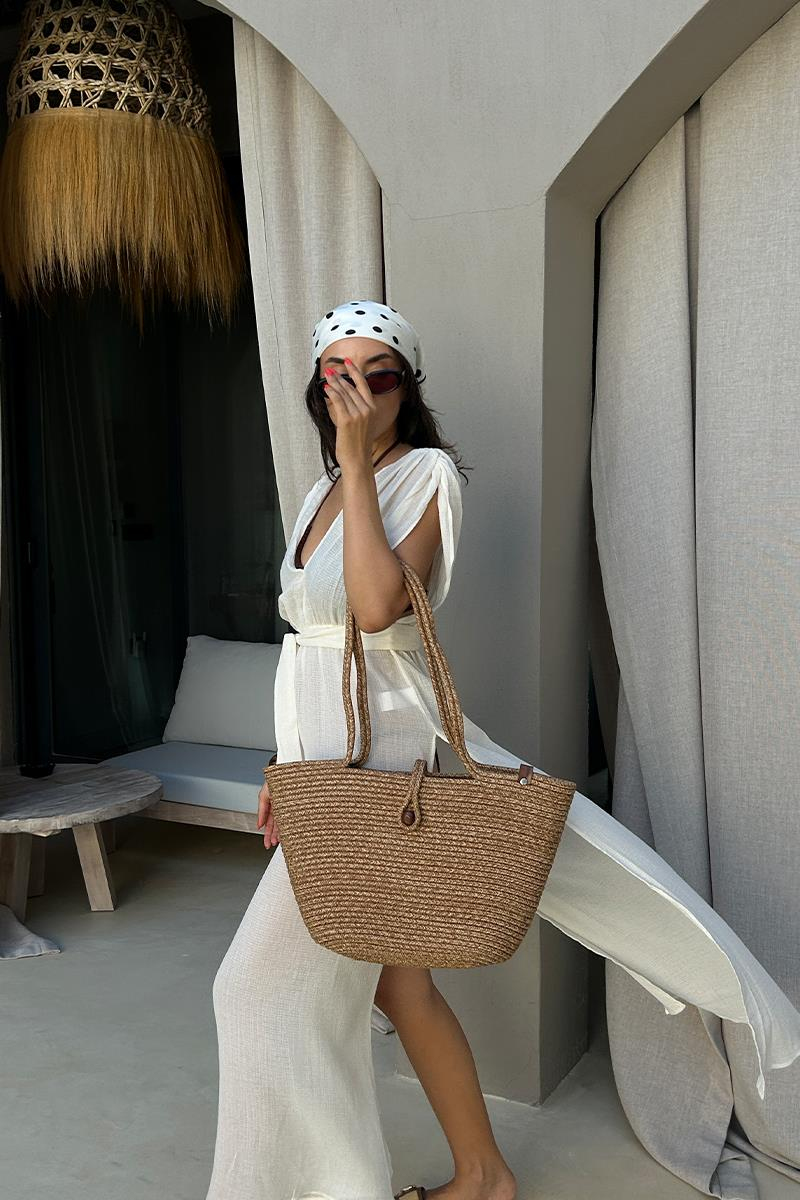 Vossa Handmade Düğmeli Hasır Omuz Çantası Vizon