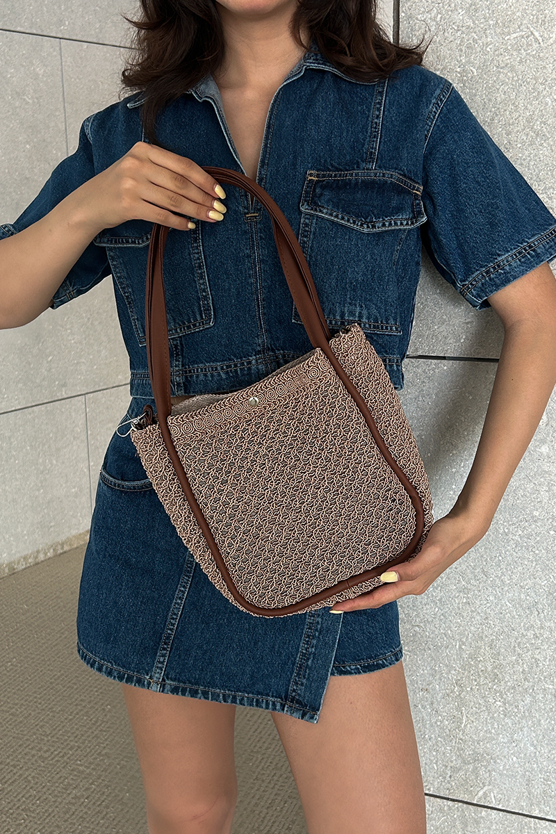 Palma Handmade Midi Hasır Omuz Çantası Vizon
