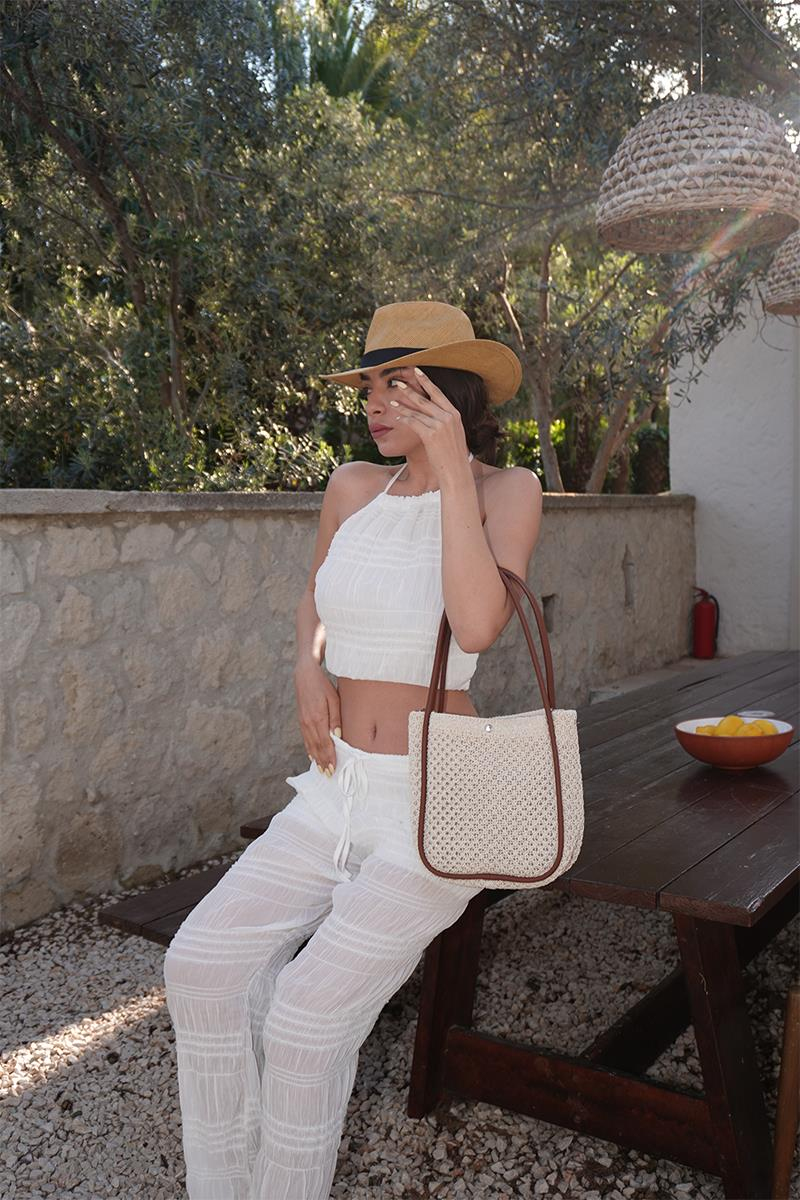 Palma Handmade Midi Hasır Omuz Çantası Krem