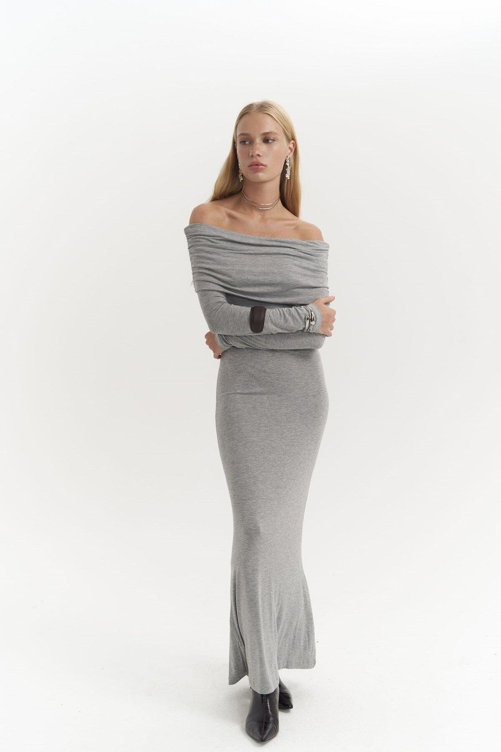 Afro Carmen Yaka Gri Uzun Elbise