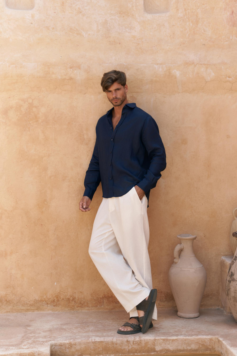 Agnola Oversize Erkek Lacivert Keten Gömlek