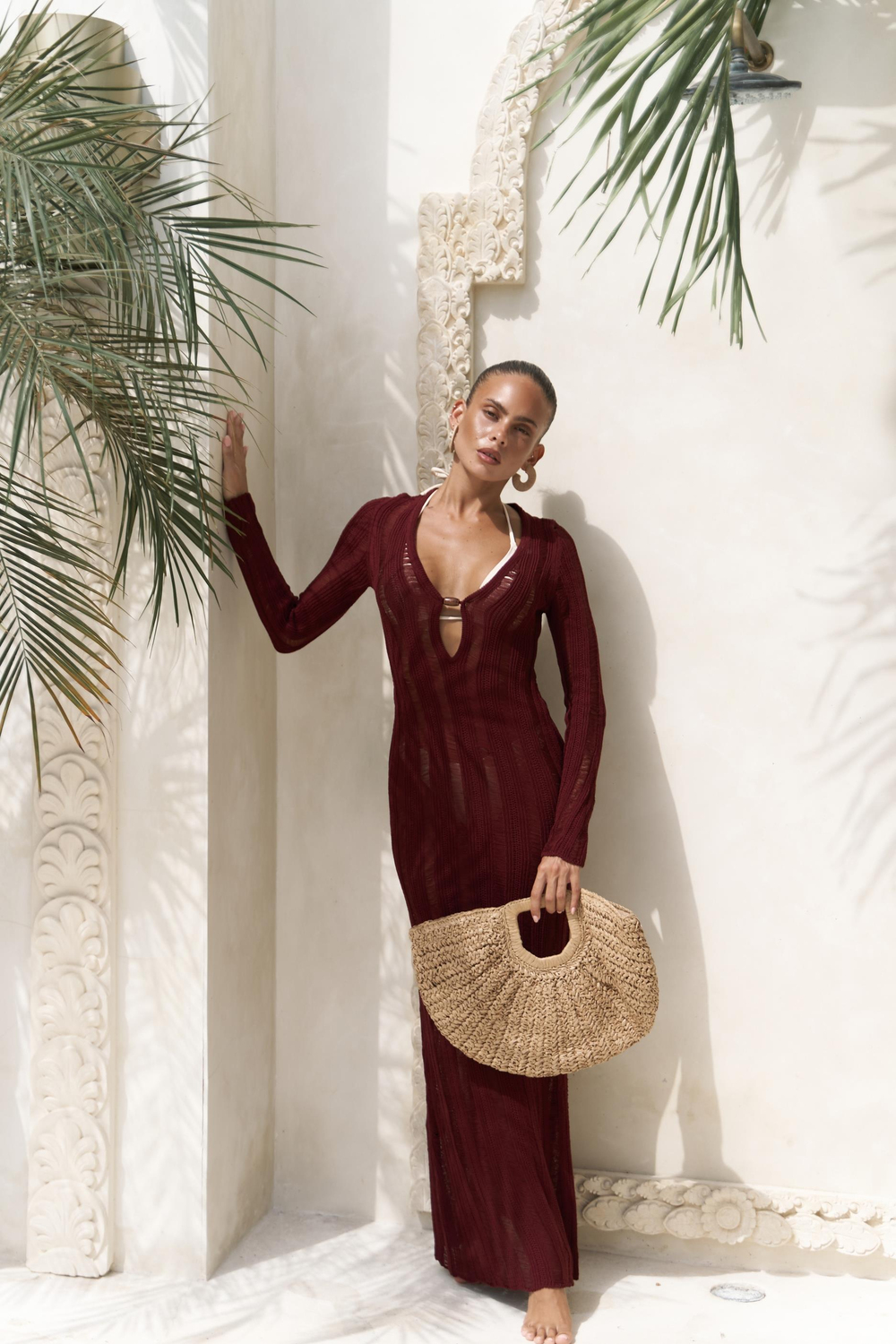 Anandra Boncuk Detay Bordo Triko Uzun Elbise