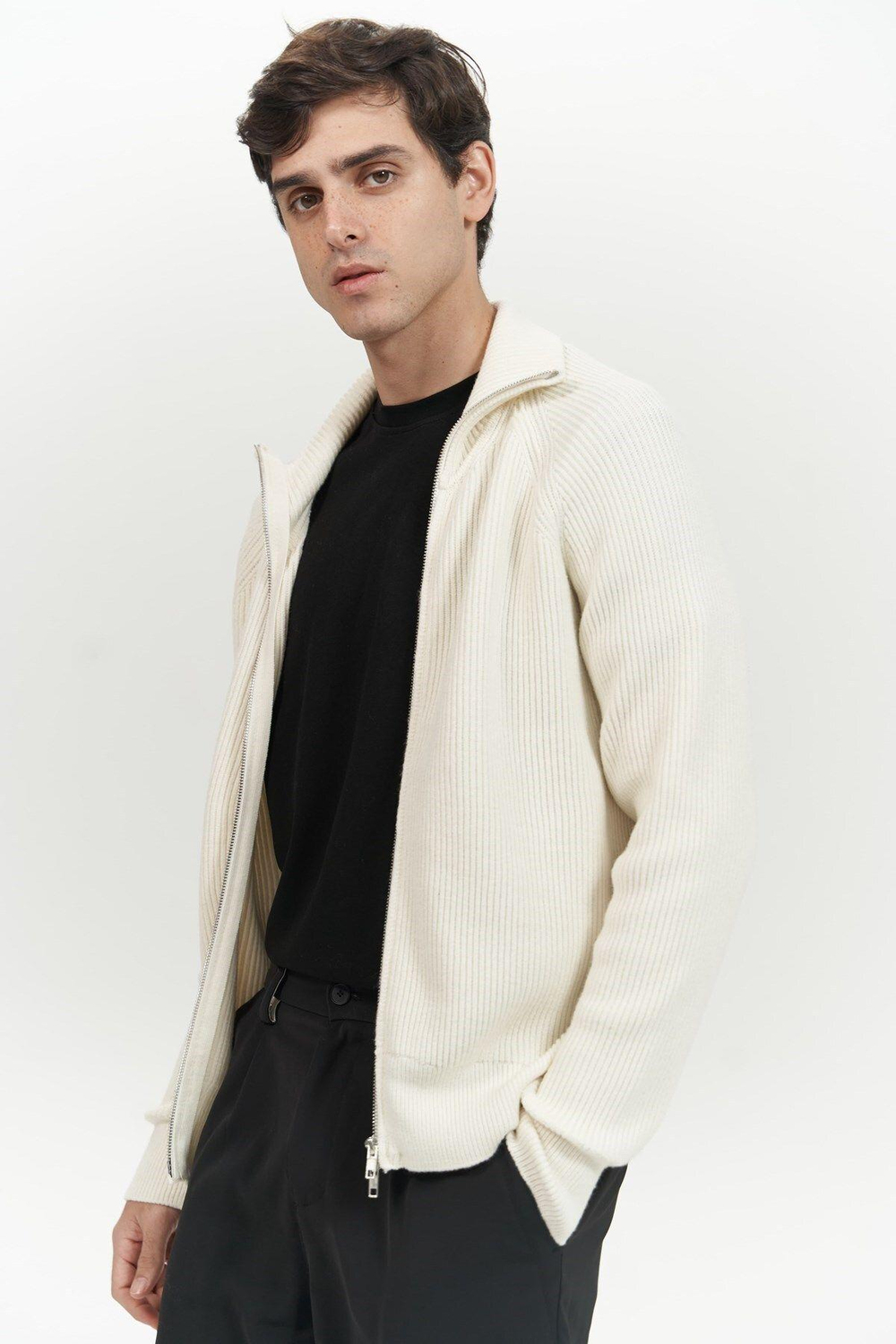 Brock Tam Fermuarlı Ekru Erkek Triko Kazak