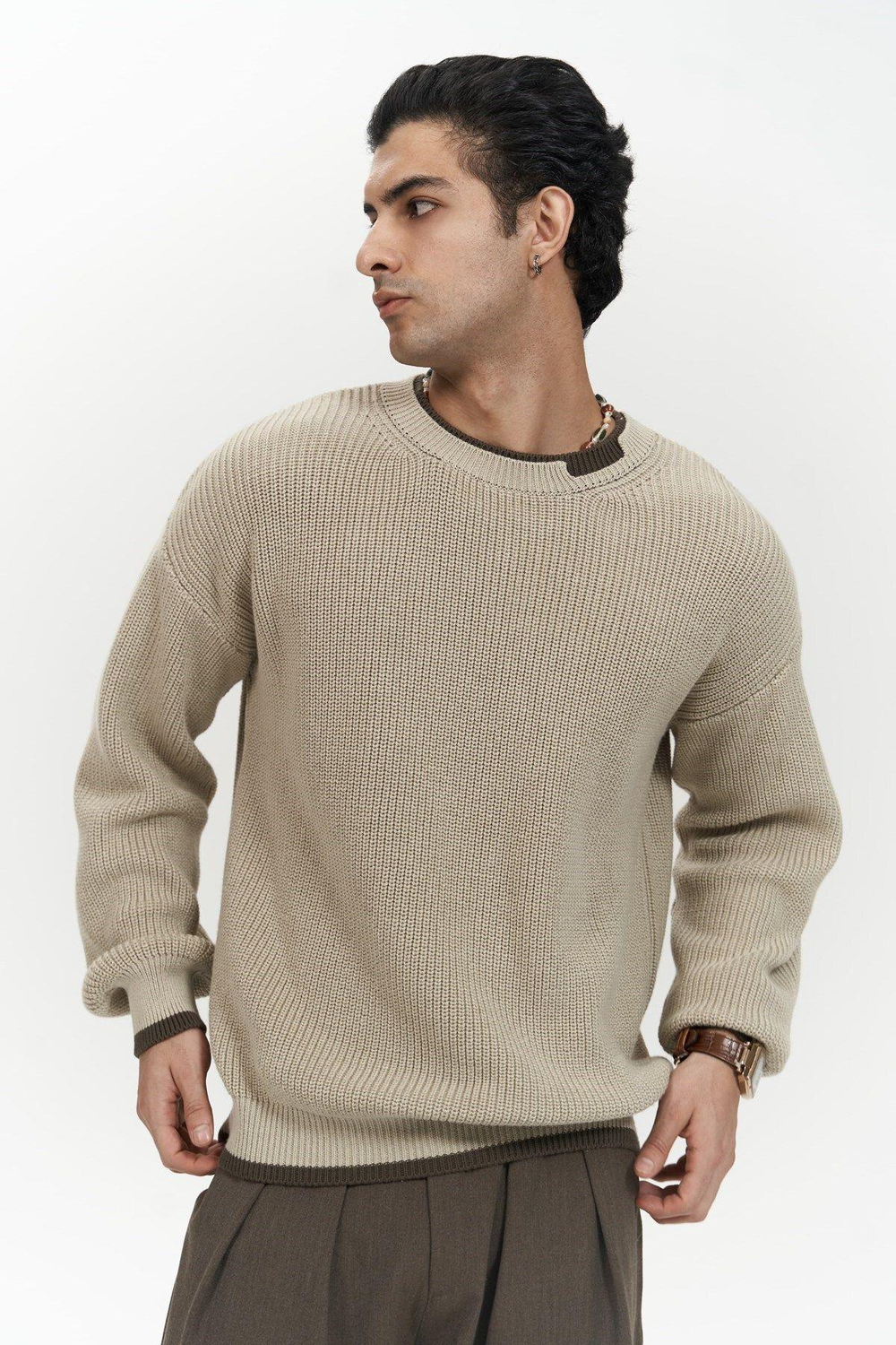 Carter Çift Yaka Detaylı Bej Erkek Triko Kazak