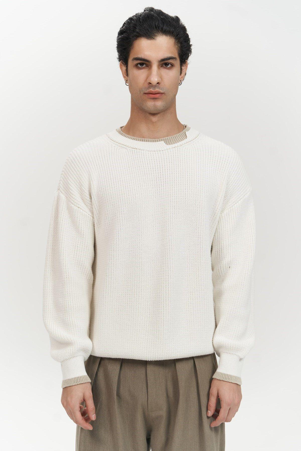 Carter Çift Yaka Detaylı Ekru Erkek Triko Kazak