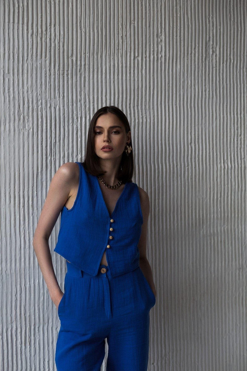 Clover Saks Mavi Müslin Yelek-pantolon Takım