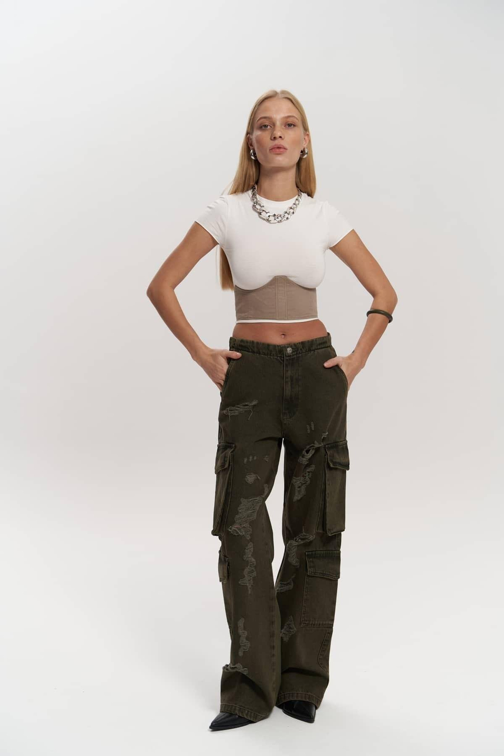 Dries Kirli Yeşil Yırtık Detay Kargo Jean Pantolon