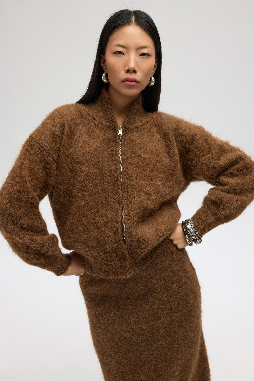 Eskara Fermuarlı Açık Kahve Triko Hırka