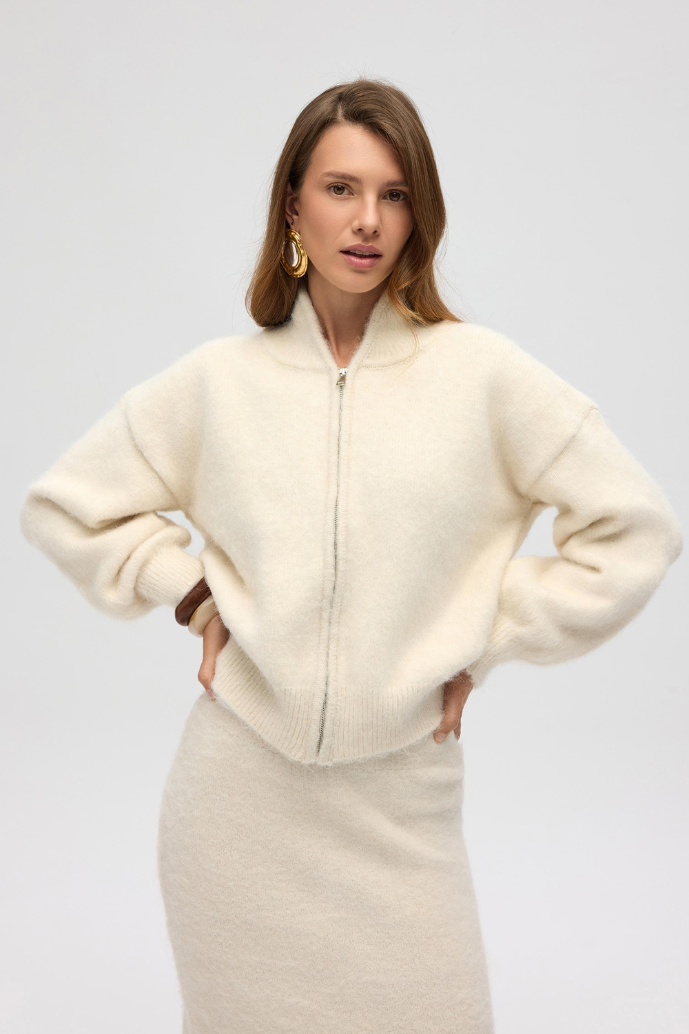 Eskara Fermuarlı Ekru Triko Hırka