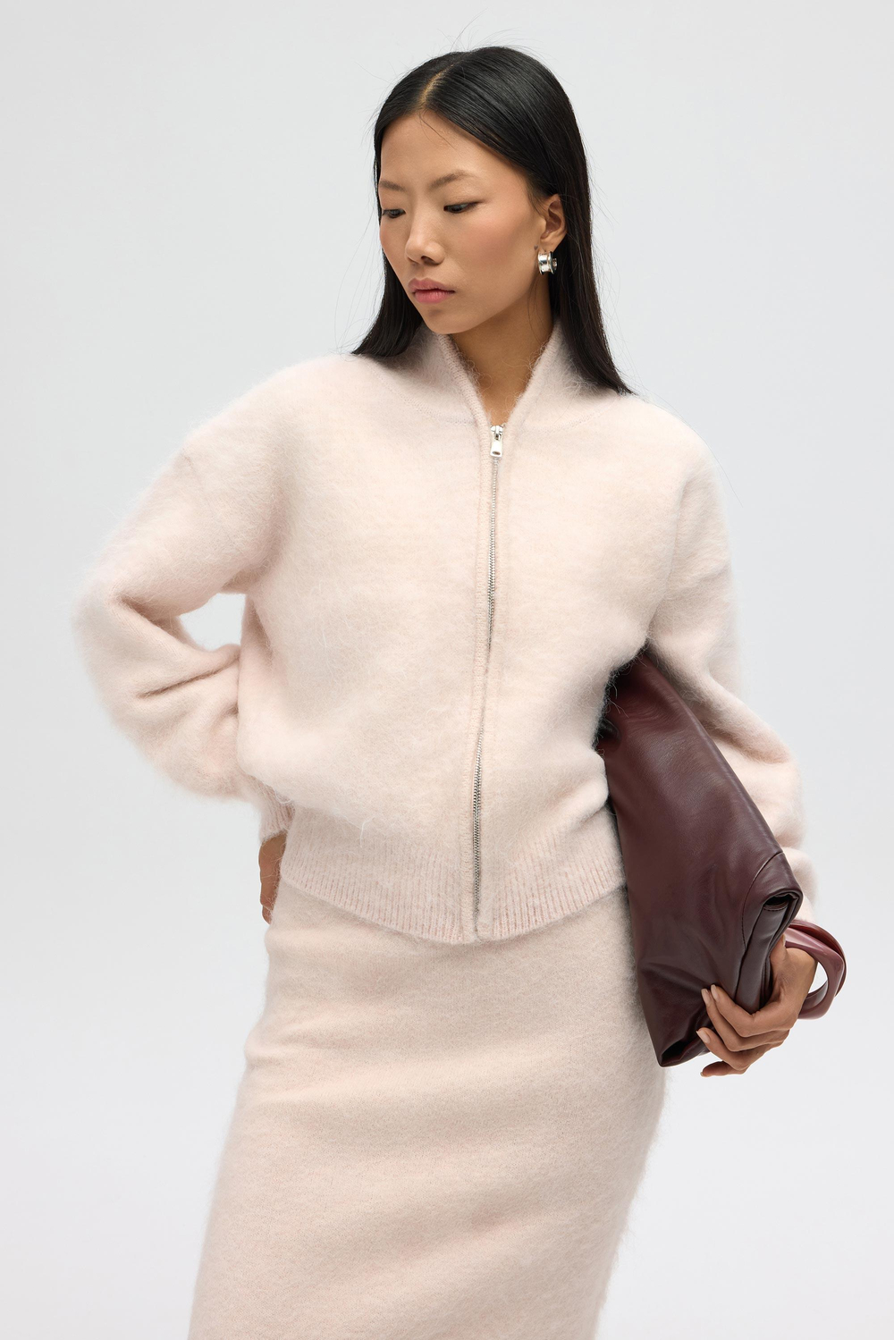 Eskara Fermuarlı Pembe Triko Hırka