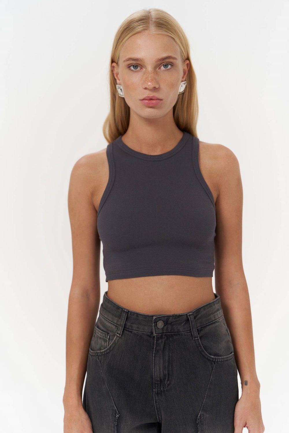 Fleur Fitilli Halter Yaka Antrasit Crop
