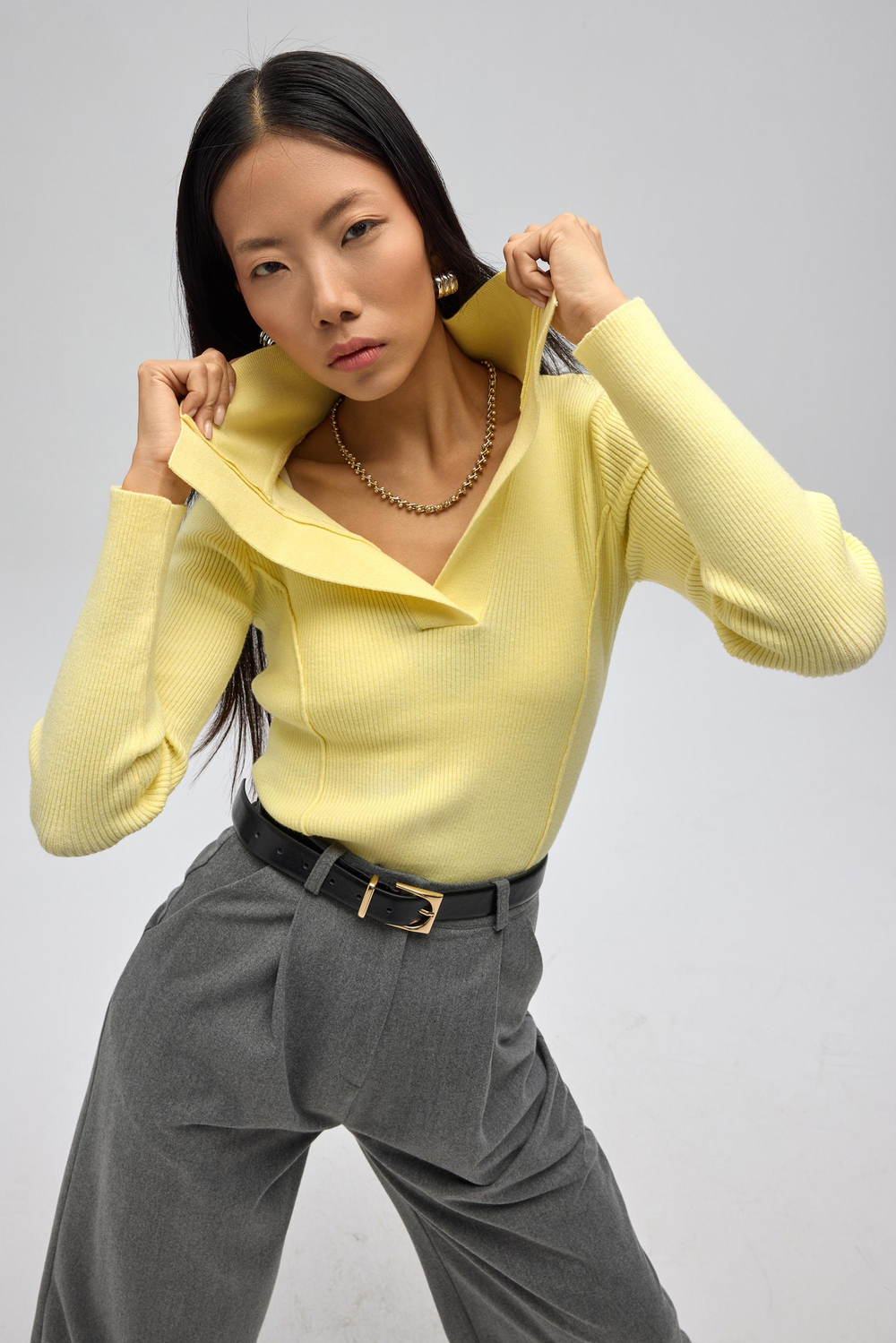 İnari Polo Yaka Sarı Triko Kazak