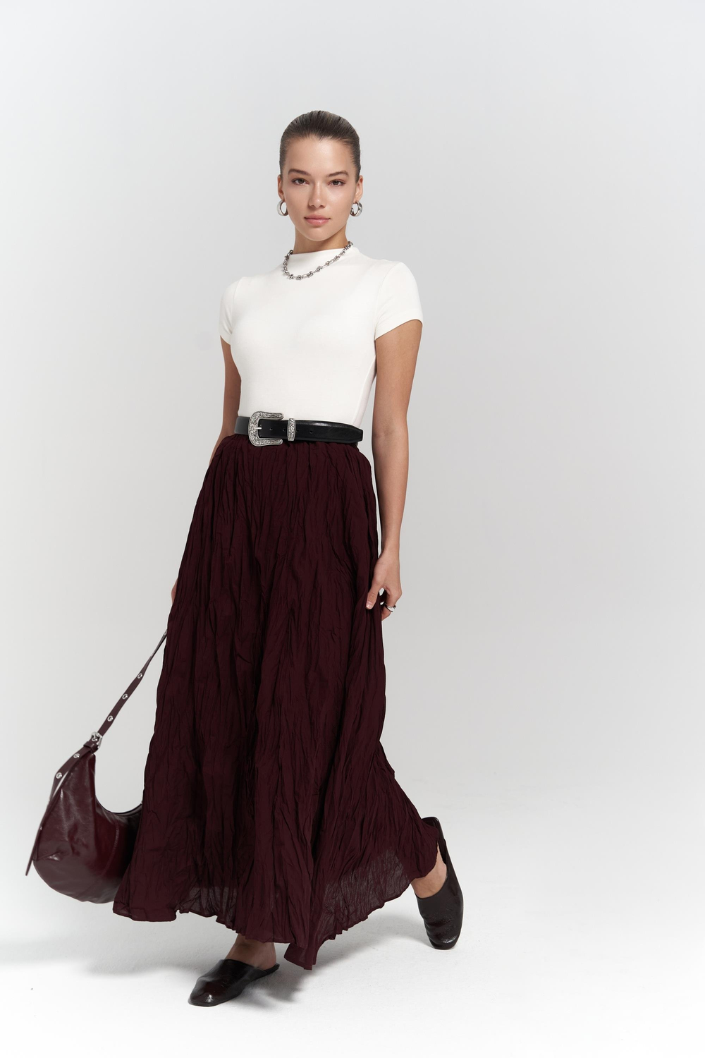 Jayla Kırışık Detay Uzun Bordo Etek