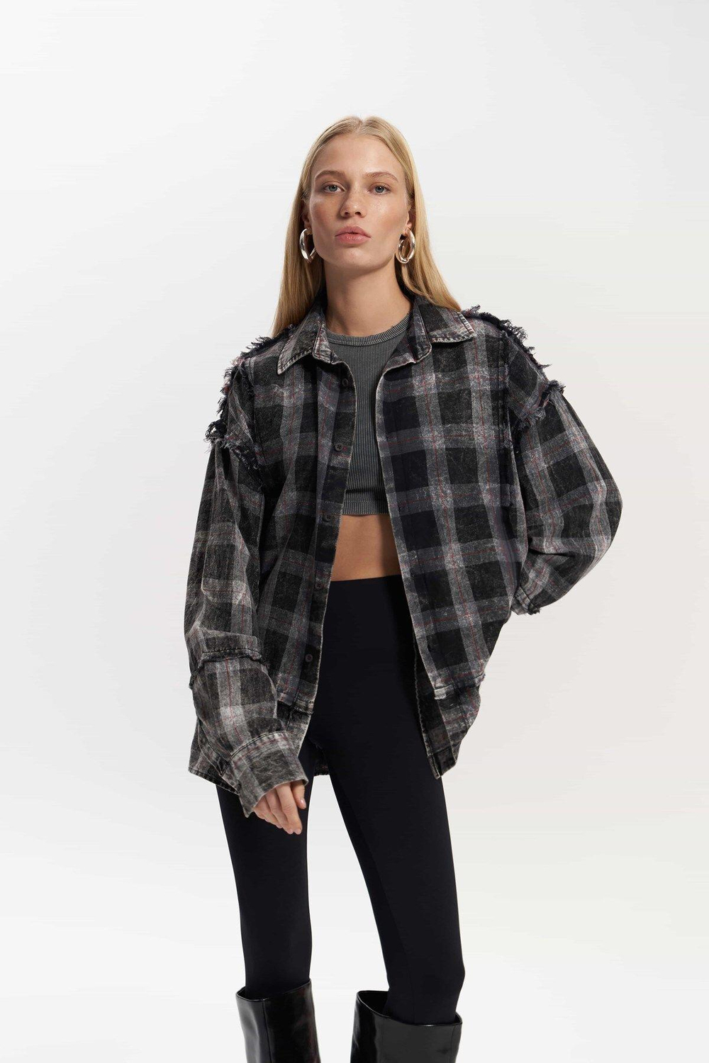 Loma Yıkamalı Oversize Unisex Ekose Antrasit Gömlek