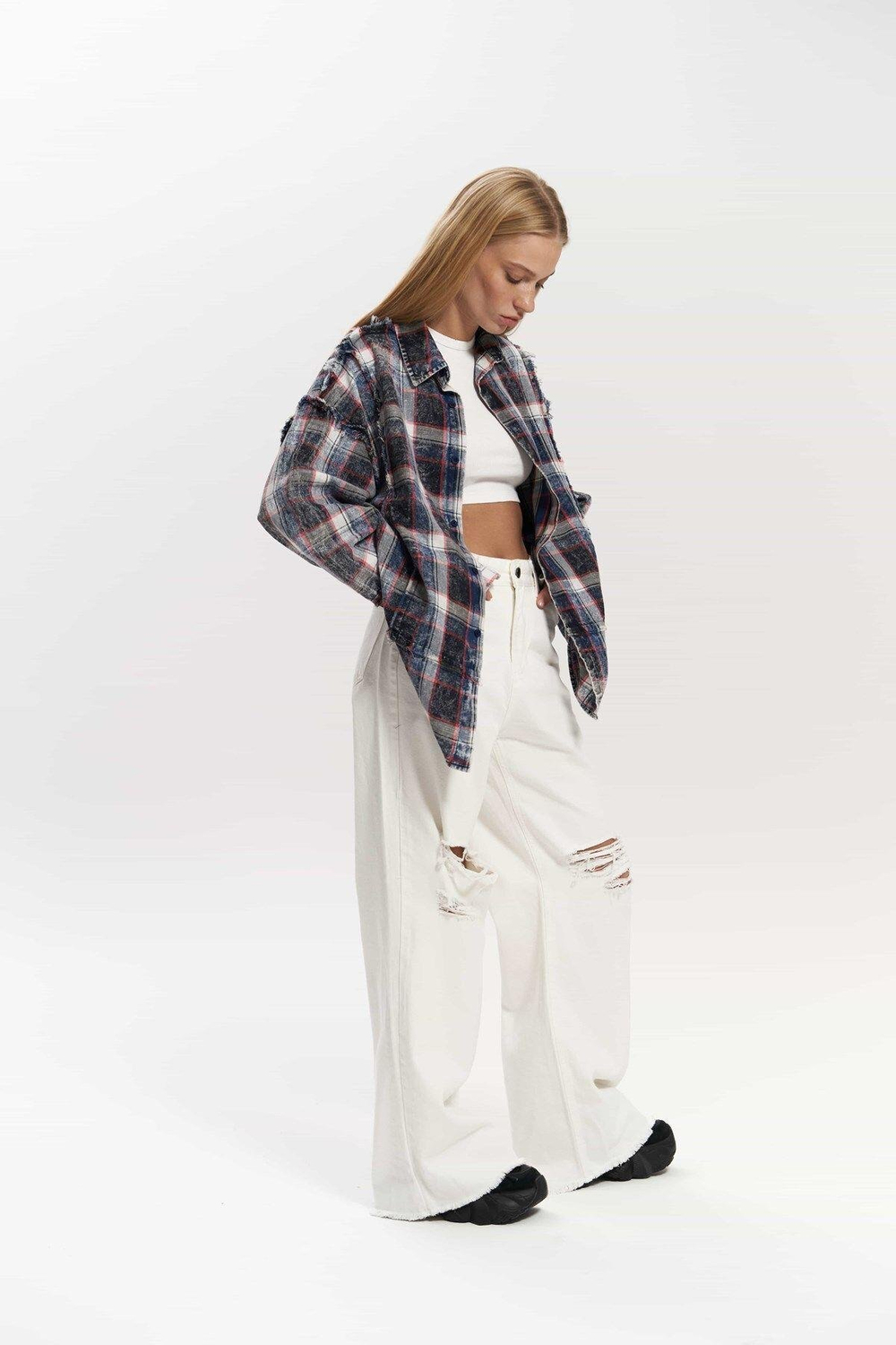 Loma Yıkamalı Oversize Unisex Ekose İndigo Gömlek