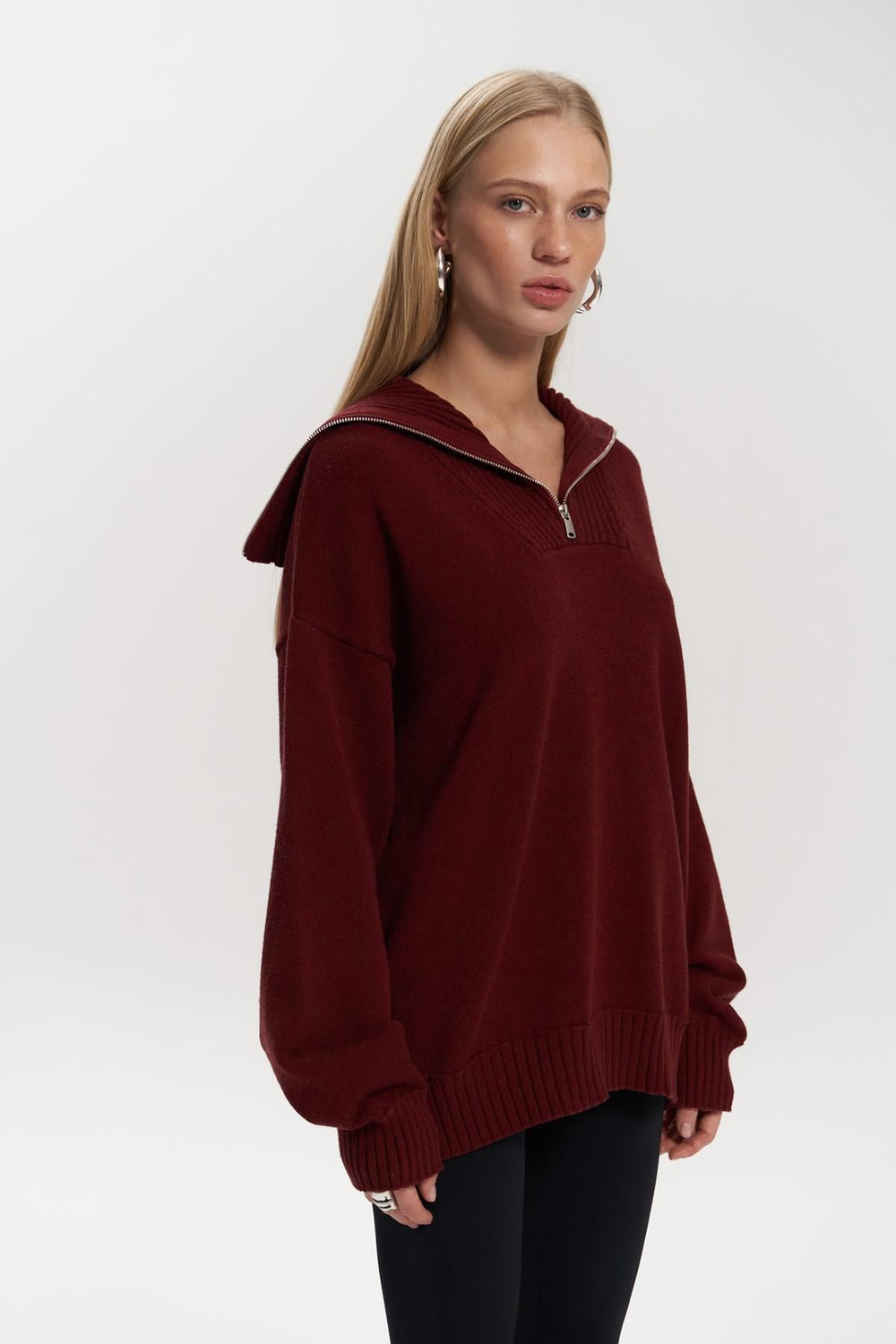Lorna Fermuarlı Bordo Triko Kazak
