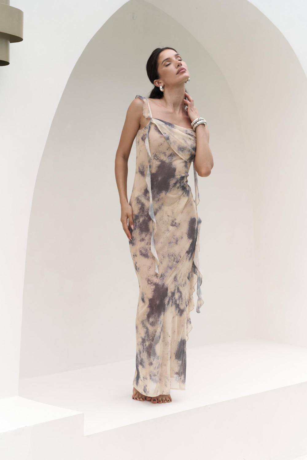 Magi Fırfır Detay Sarı Uzun Elbise