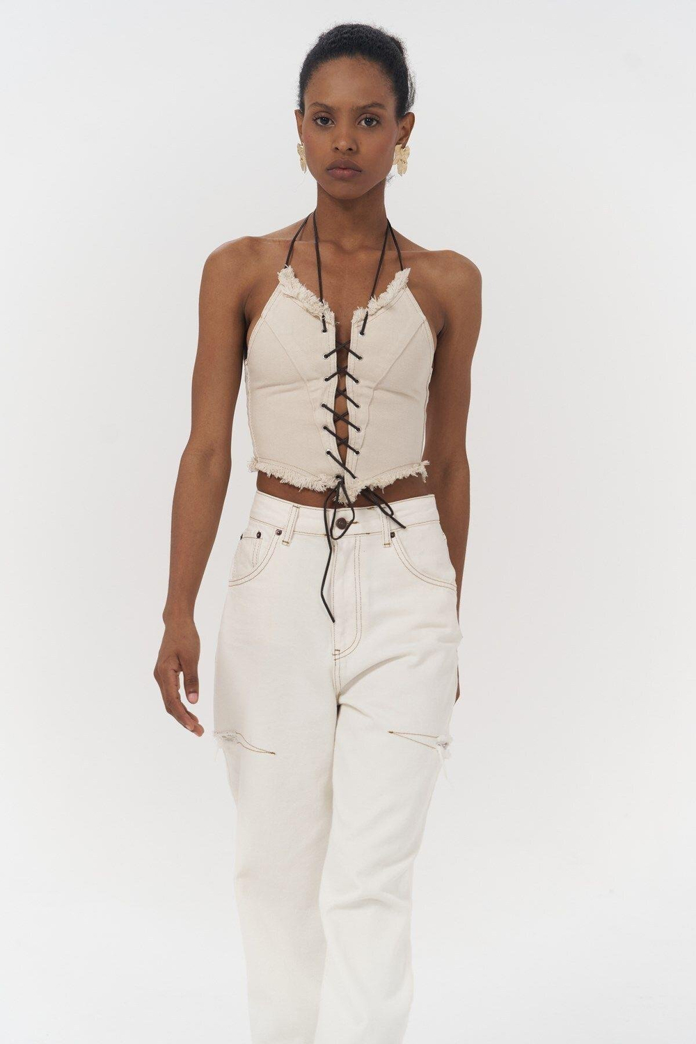 Mai Collection Toni İp Detay Bej Jean Crop