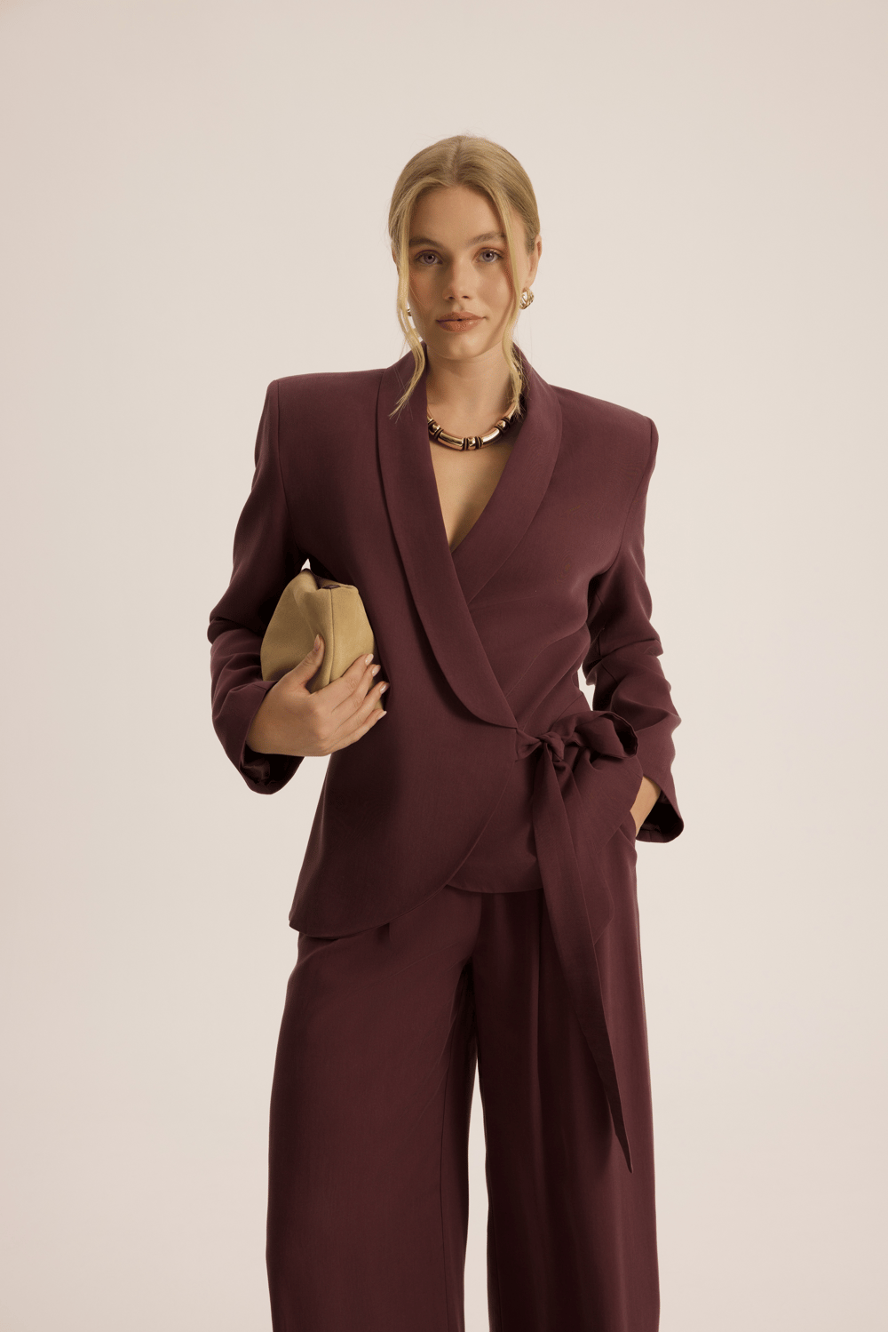Mirelka Bağlamalı Bordo Blazer Pantolon Takım