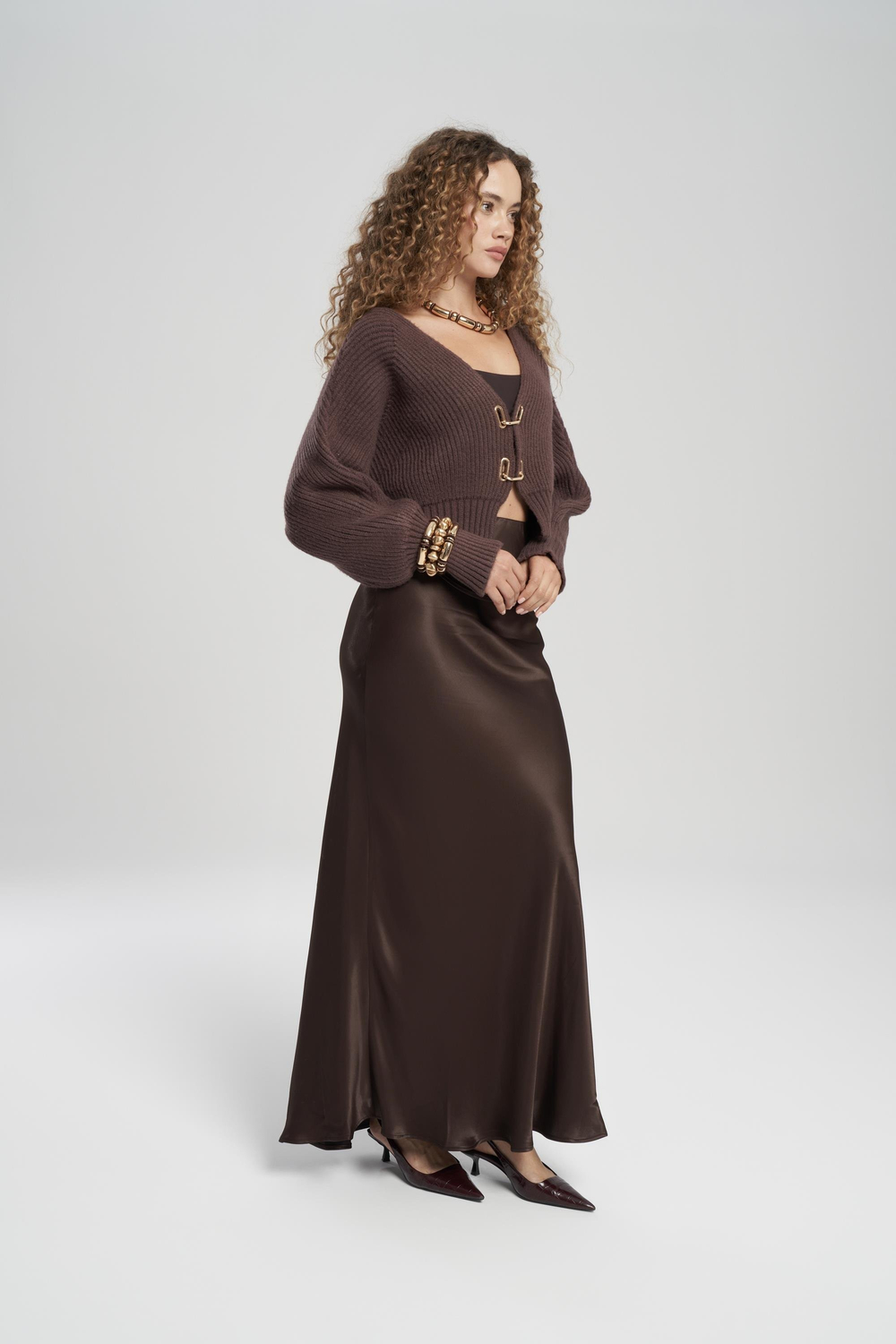 Muirnas Askı Detay Kahve Uzun Saten Etek