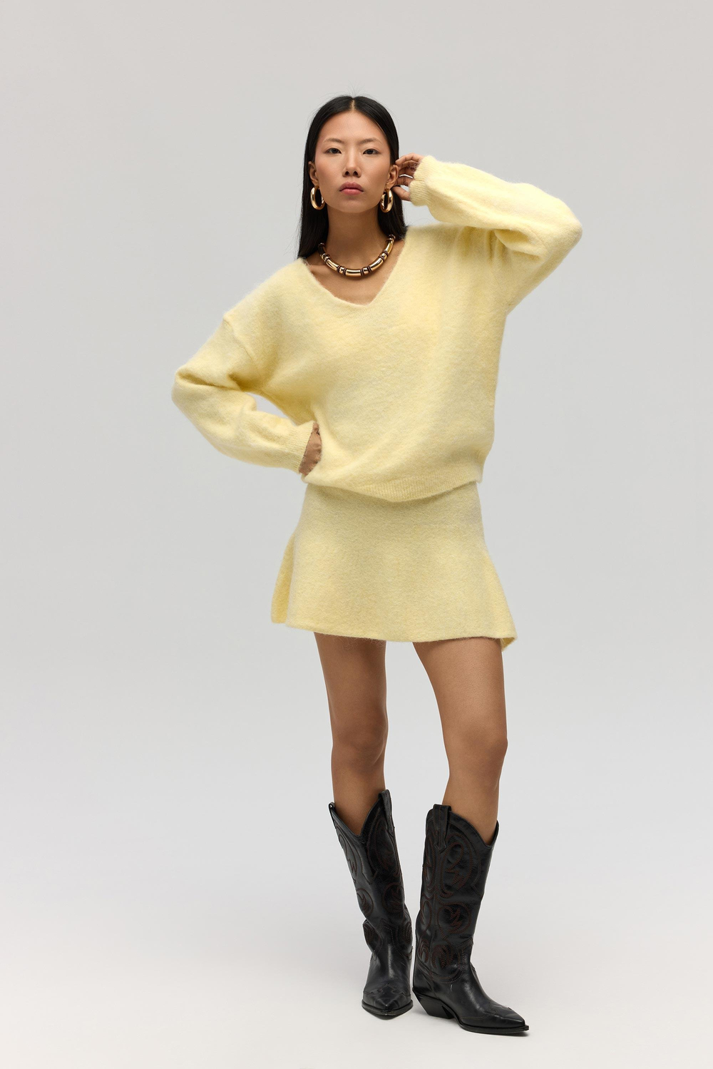 Nordis Volanlı Sarı Triko Mini Etek